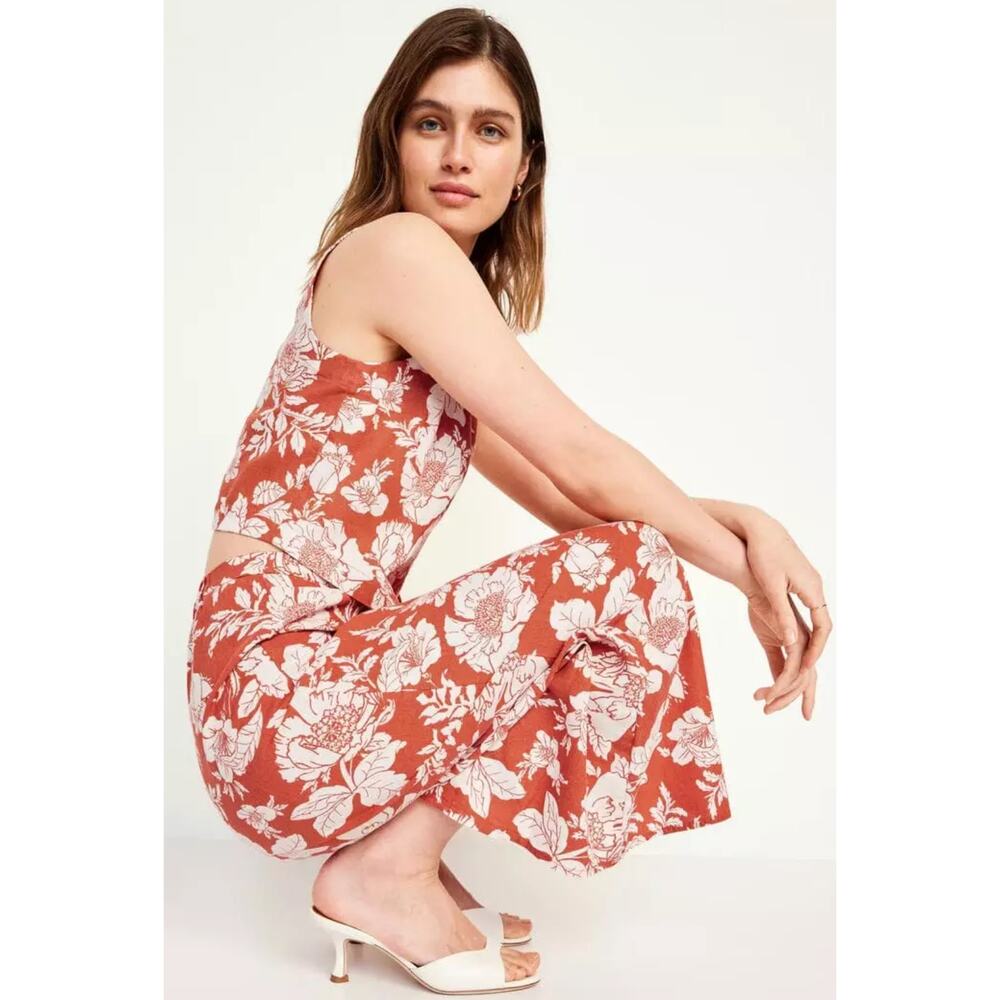 Old Navy Rust Floral Crop Top & Midi Skirt Set with White Print